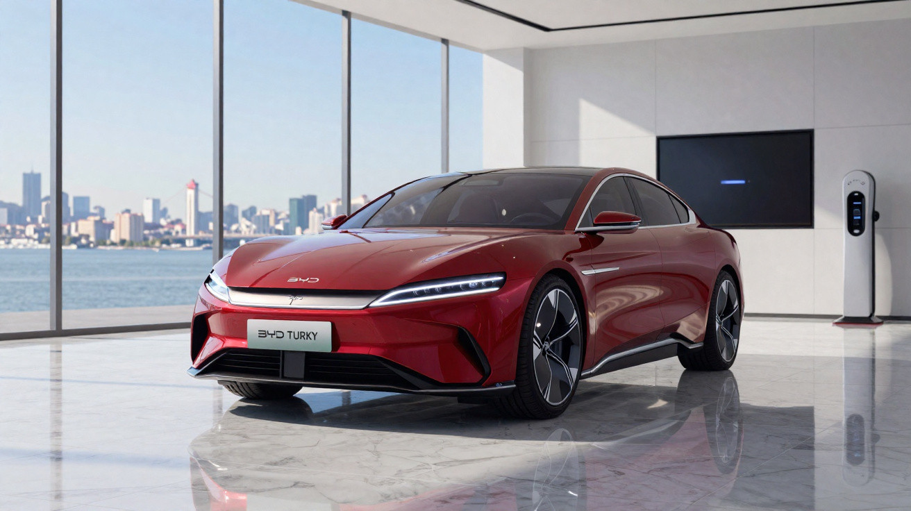 Carro elétrico desportivo vermelho estacionado numa sala moderna com grandes janelas e vista para a cidade.
