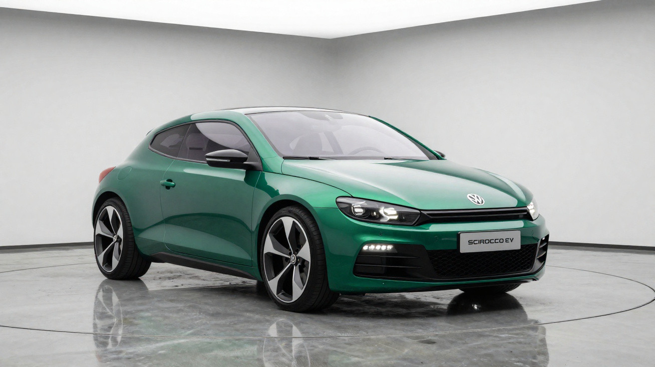 Carro desportivo Volkswagen Scirocco EV verde em fundo branco com iluminação a destacar o design moderno.