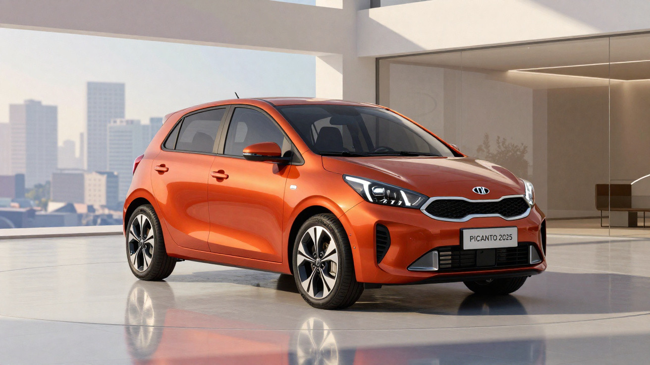 Carro compacto Kia Picanto 2025 de cor laranja estacionado num espaço moderno com janelas e vista urbana.