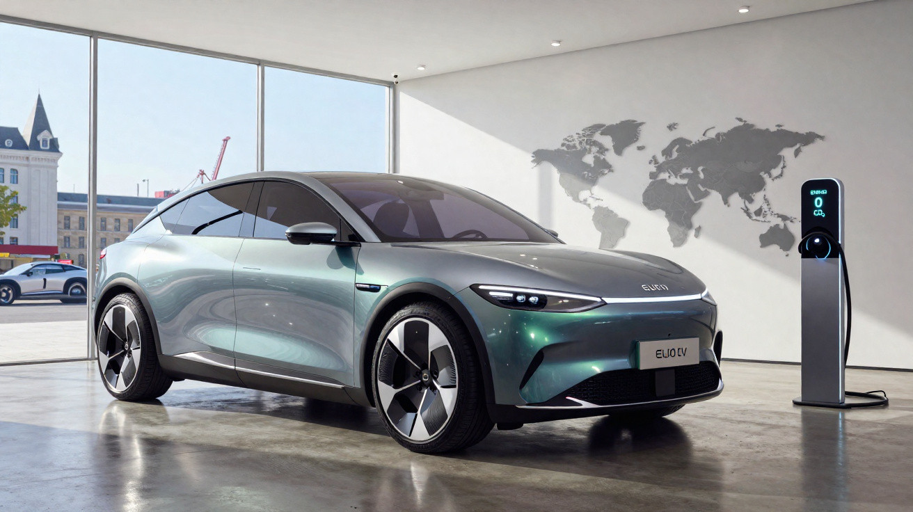 Carro elétrico cinzento estacionado junto a posto de carregamento num espaço interior moderno e iluminado.