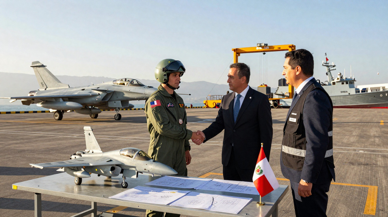 Piloto militar cumprimenta homem de fato junto a modelo de avião e documentos numa plataforma aérea com aviões e navios.