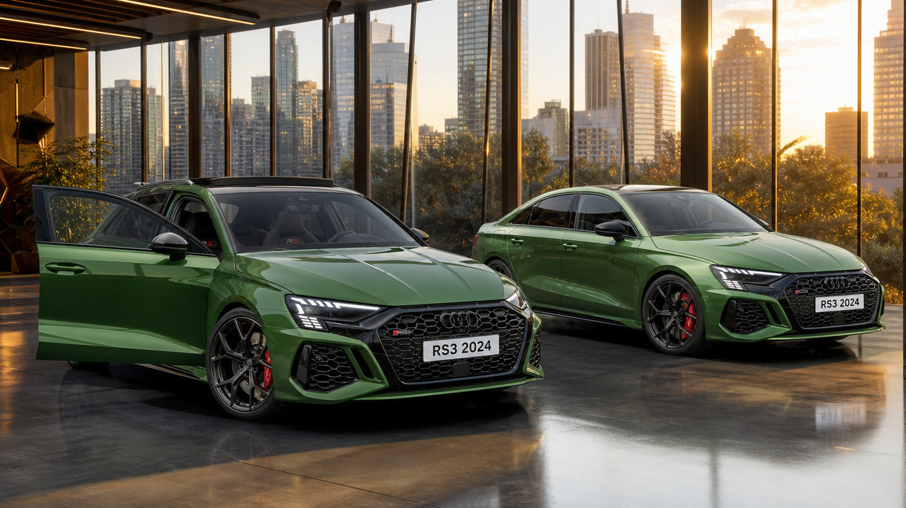 Dois carros Audi RS3 verdes de 2024 estacionados num espaço interior com janelas grandes e vista urbana ao pôr do sol.