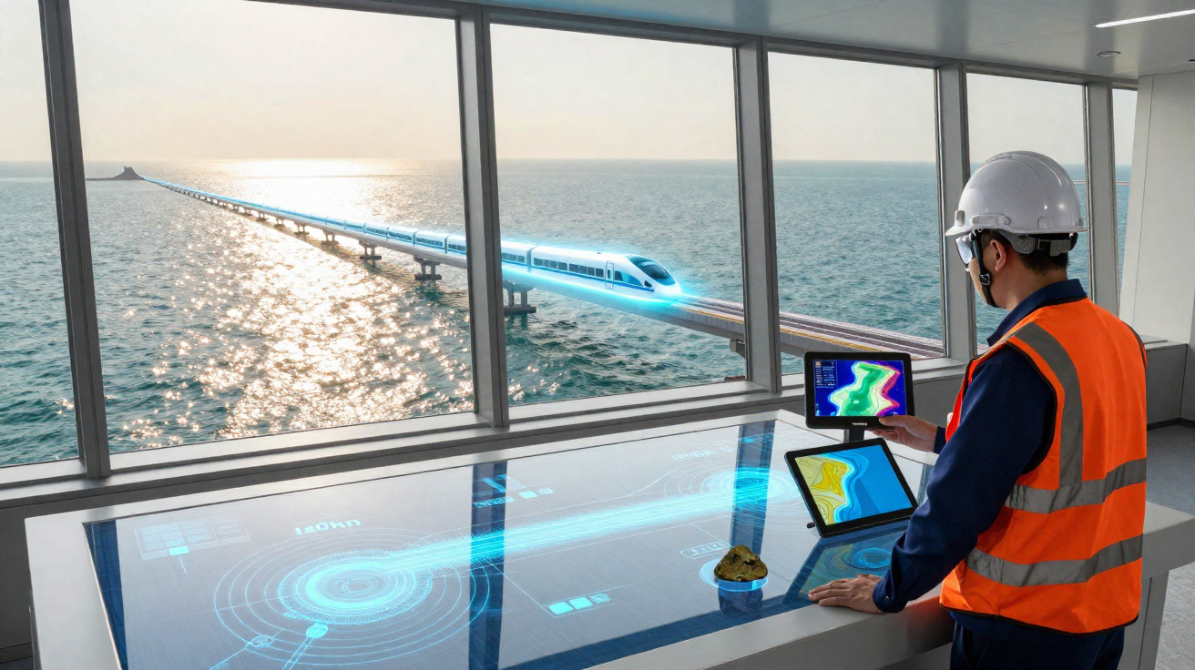 Engenheiro a monitorizar comboio de alta velocidade sobre ponte no mar com ecrãs digitais futuristas.