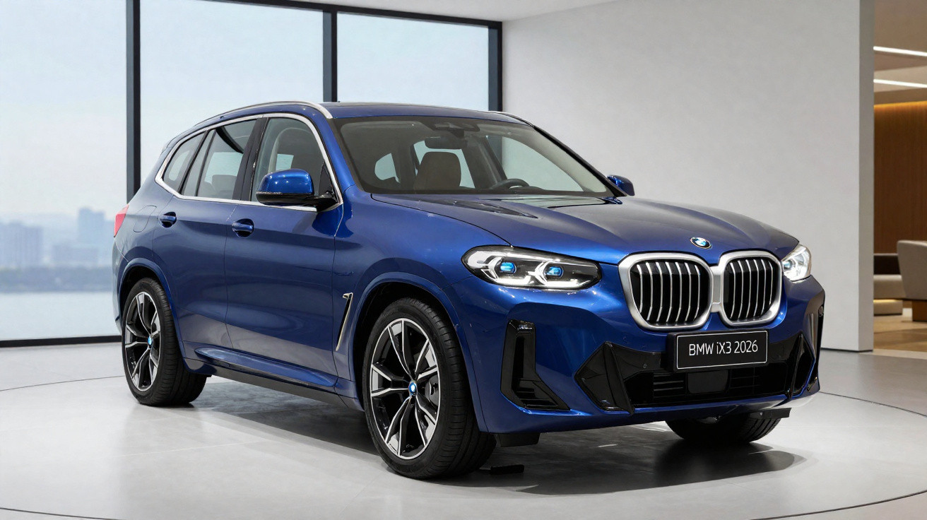 BMW X3 2026 azul, SUV estacionado num showroom com janelas amplas e chão branco.