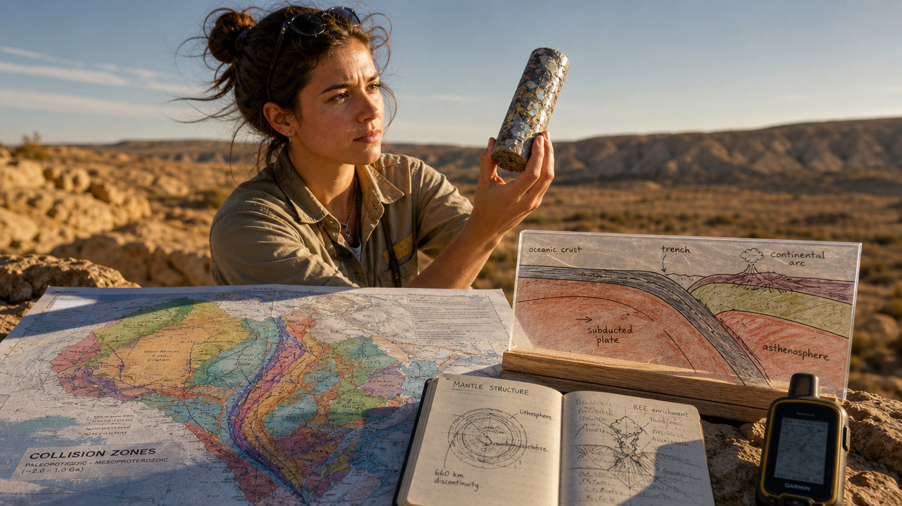 Mulher estudando rocha com mapas geológicos e diagrama de estrutura da Terra em ambiente desértico.