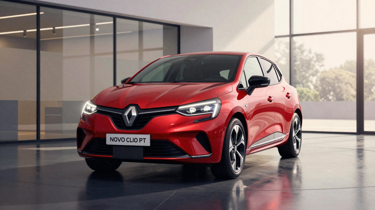 Carro Renault Novo Clio vermelho estacionado em interior moderno com janelas de vidro grandes.