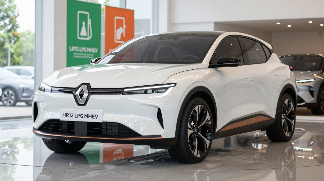Carro elétrico branco Renault HR12 LPG MHEV numa exposição automóvel, com fundo claro e sinais coloridos.