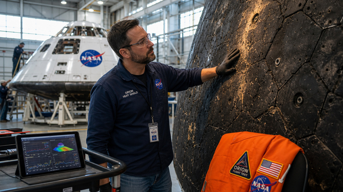 Técnico da NASA inspeciona escudo térmico da nave Orion numa instalação de testes.