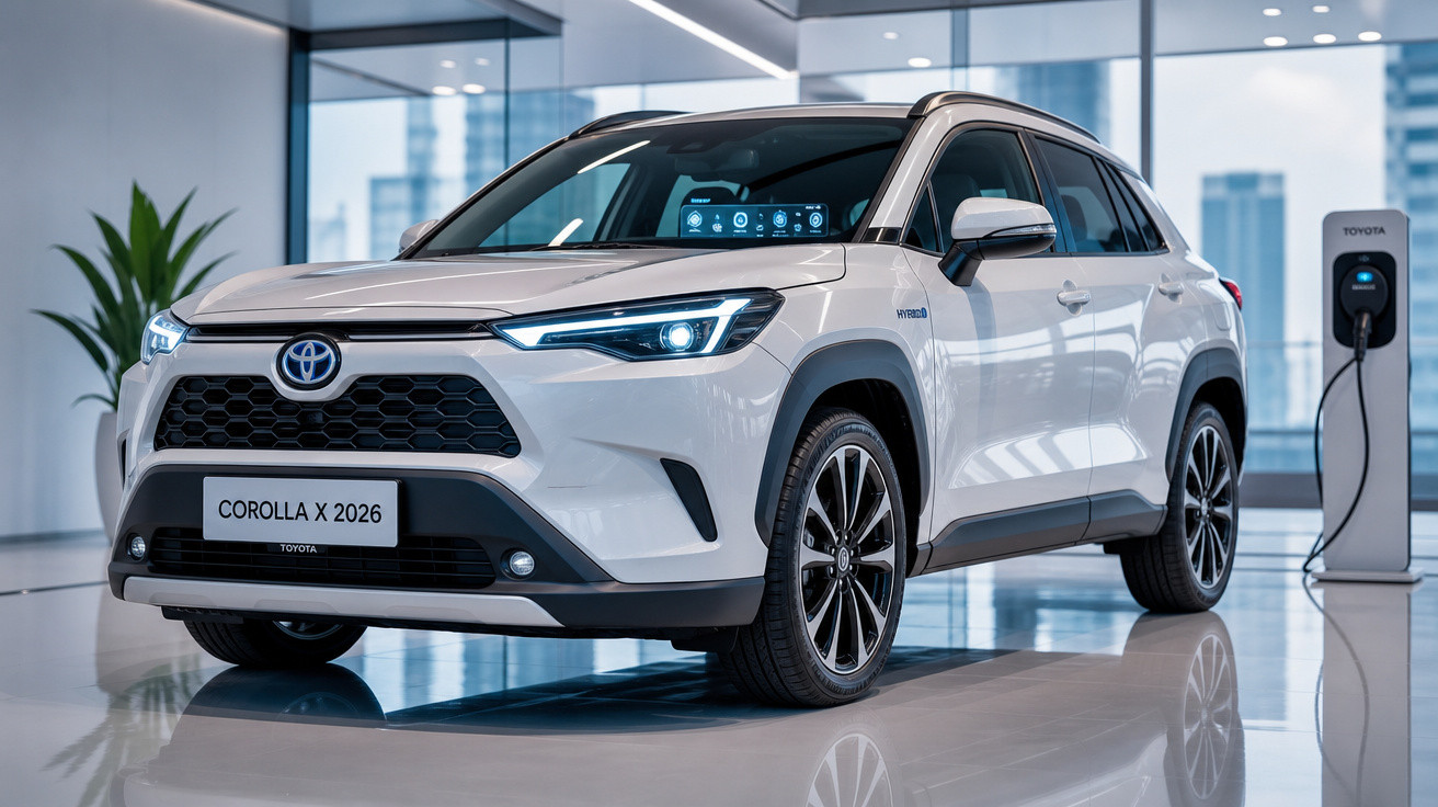 Toyota Corolla X 2026 branco em showroom moderno com carregador elétrico ao lado.