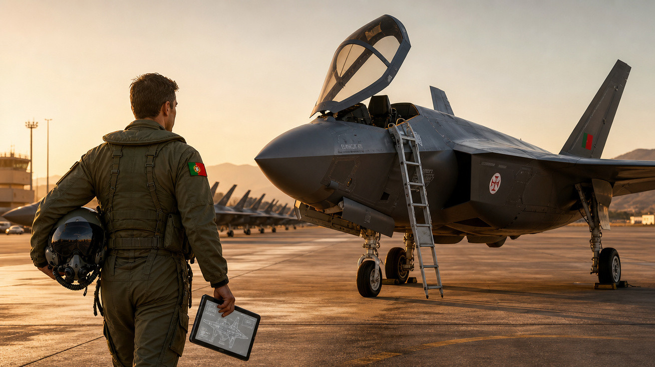 Piloto militar com uniforme português observa caça F-35 estacionado na pista ao pôr do sol.