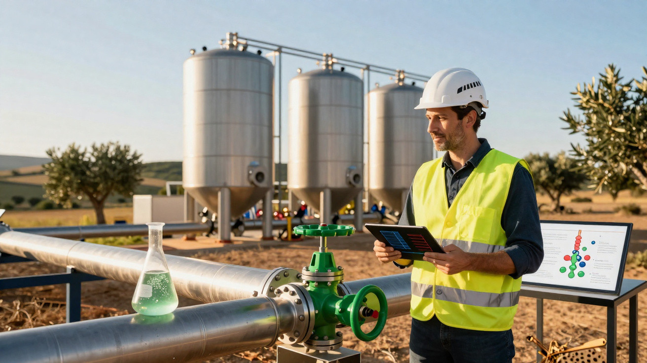 Engenheiro com colete amarelo e capacete a analisar dados num tablet ao lado de tubagens e tanques industriais.