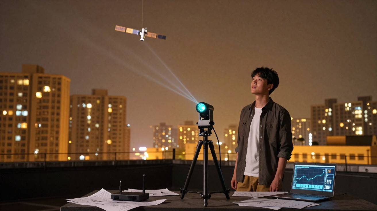 Jovem observa satélite à noite em varanda com máquina de projecção e laptop ligado a gráficos.