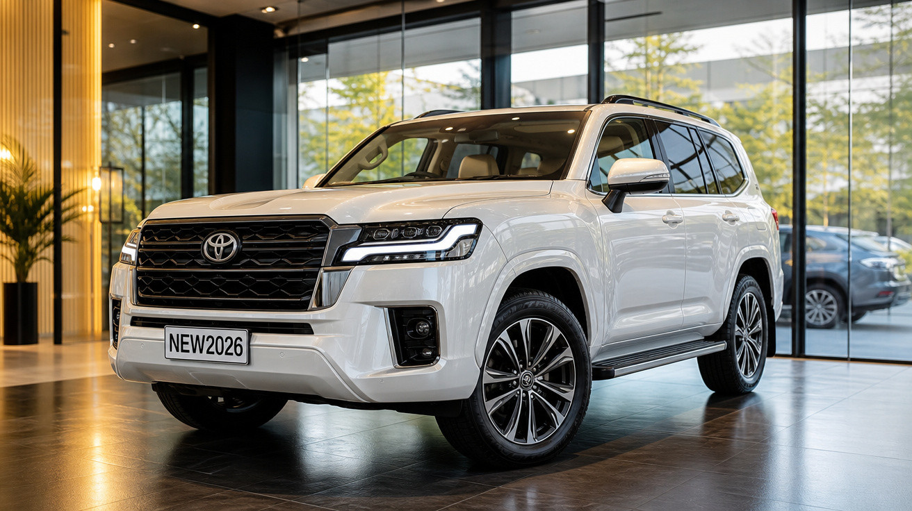 Carro Toyota SUV branco novo estacionado em sala de exposição moderna com janelas grandes.