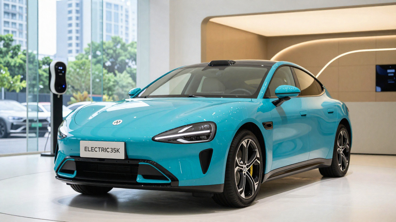 Carro elétrico azul claro modelo ELECTRIC35K em exposição numa sala moderna com carregador ao fundo.