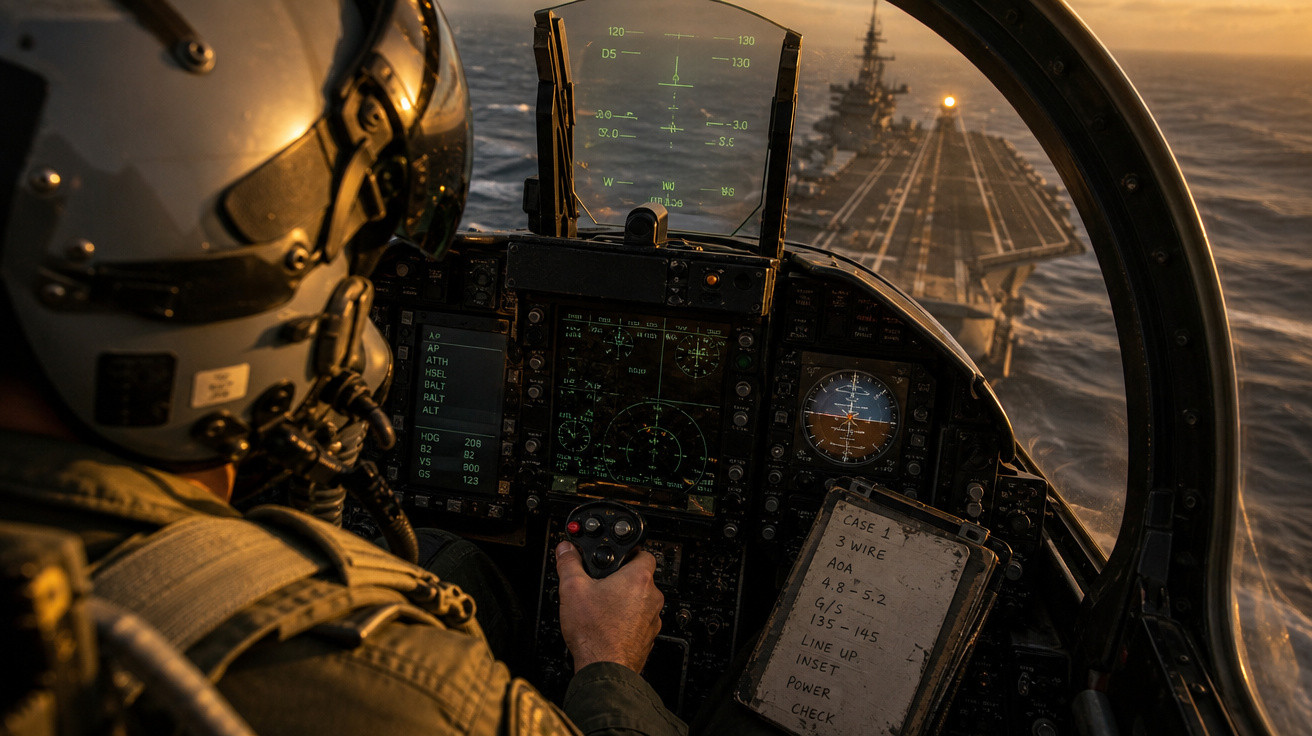 Piloto militar no cockpit de caça, a aproximar-se de porta-aviões no mar ao pôr do sol.