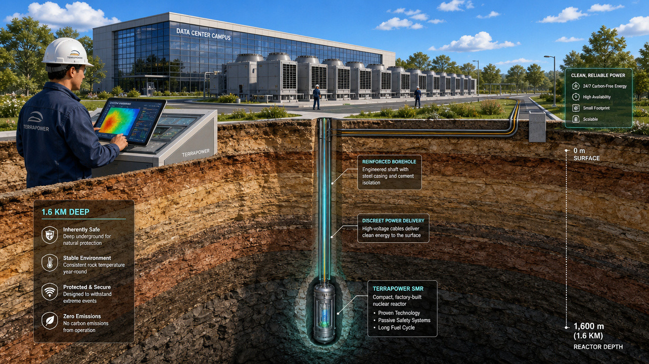 Homem a operar painel junto a data center com ilustração da central nuclear subterrânea a 1,6 km de profundidade.