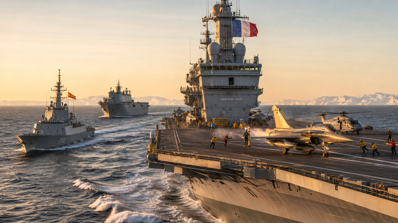 Porta-aviões francês no mar com caça e helicóptero na pista, acompanhado por dois navios militares ao pôr do sol.