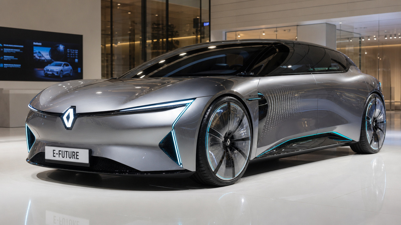 Carro elétrico futurista Renault E-Future prateado com design aerodinâmico e linhas azuis em exposição interior.