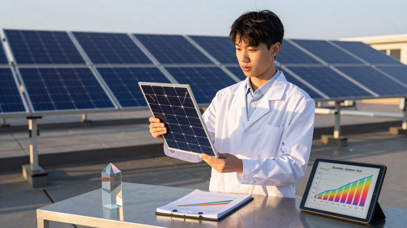 Homem com bata branca analisa painel solar com painéis solares ao fundo e gráfico de energia numa tablet.