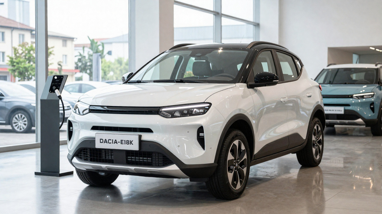 Carro elétrico branco Dacia E18K exibido numa garagem com chão de azulejo e janelas grandes.