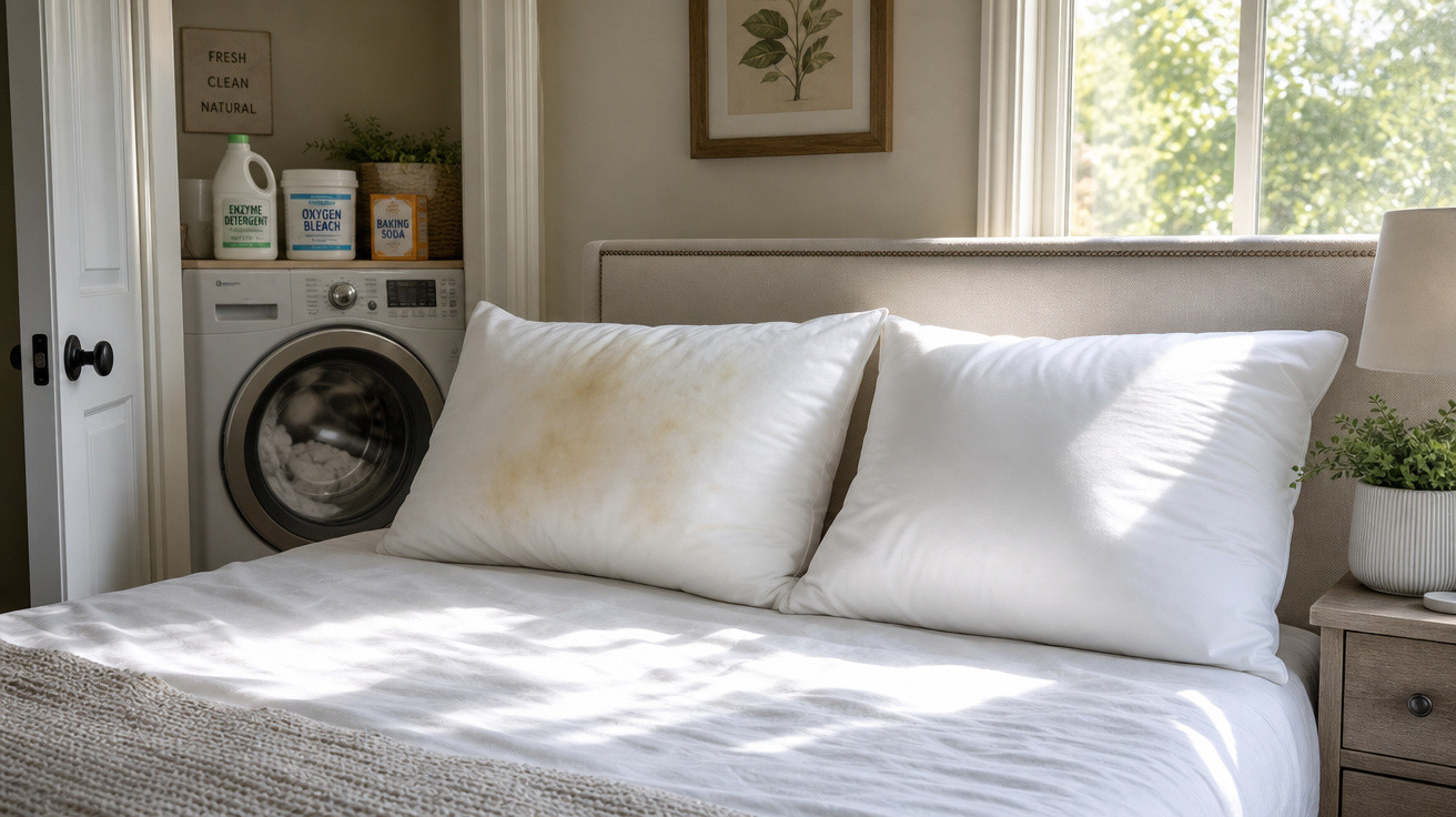 Cama com duas almofadas brancas, uma delas manchada, ao lado de uma máquina de lavar roupa e produtos de limpeza.