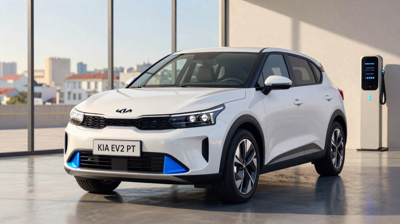 Carro elétrico branco Kia EV2 PT estacionado em sala com carregador elétrico na parede.