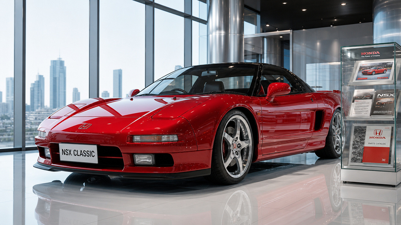 Carro desportivo vermelho Honda NSX Classic em exposição numa sala com janelas amplas e vista urbana.