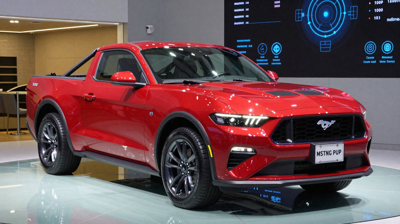 Pick-up Ford Mustang vermelha exposta em stand, com design desportivo e detalhes em preto.
