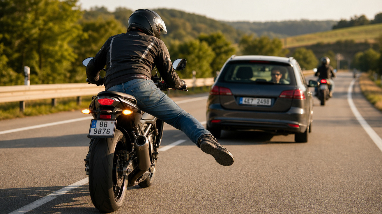 Motociclista com capacete levanta a perna esquerda enquanto circula atrás de carro numa estrada rural.