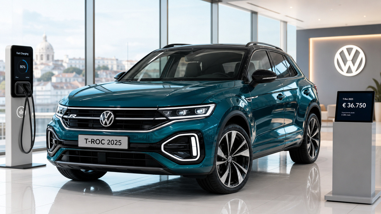 Volkswagen T-Roc 2025 azul em showroom, ligado a posto de carregamento rápido, preço e logotipo exibidos.