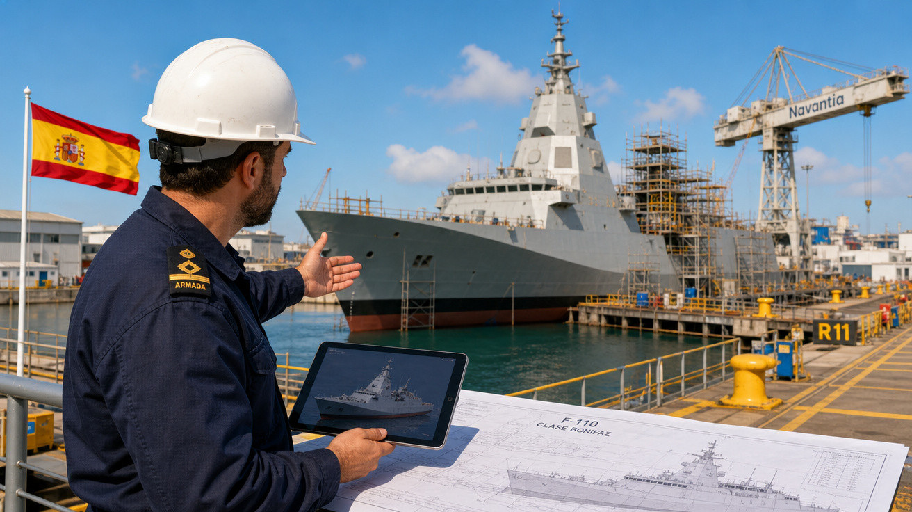 Homem com capacete observa navio militar em doca, segurando tablet e planta do navio, bandeira de Espanha ao fundo.