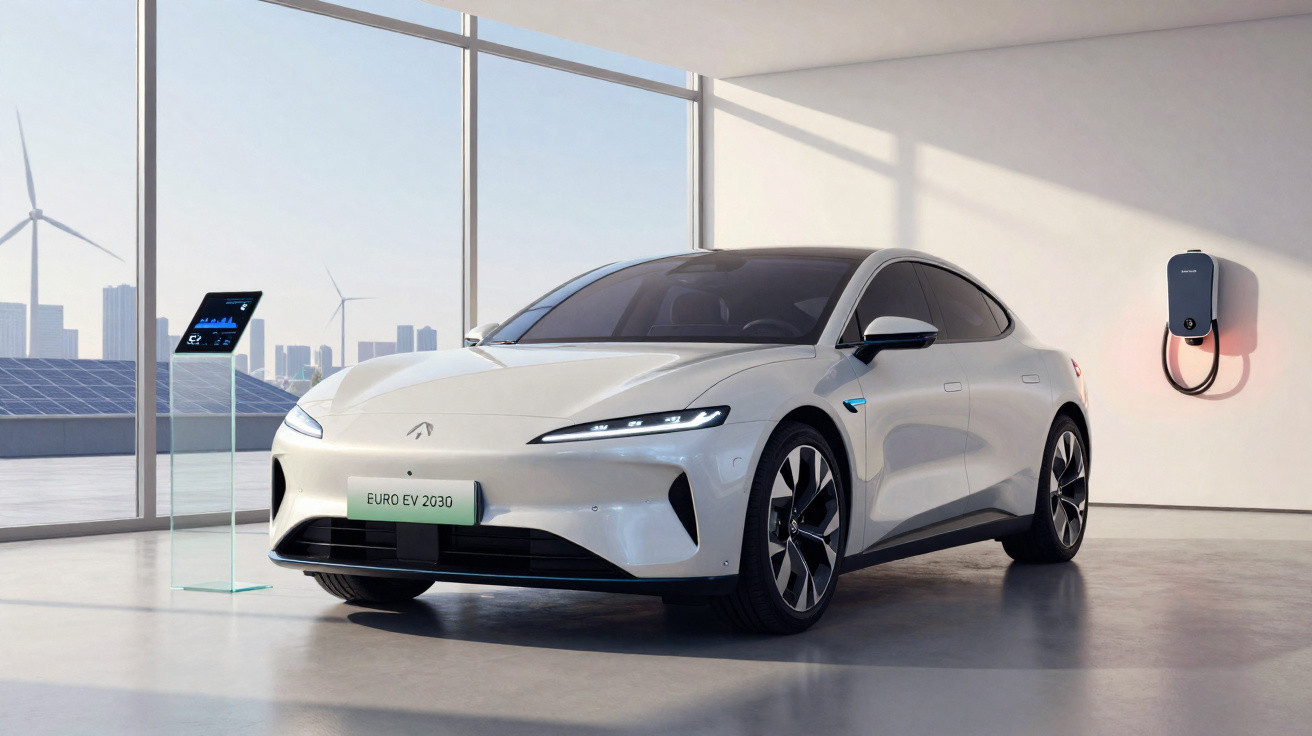 Carro elétrico branco futurista estacionado em ambiente moderno com painel solar e turbinas eólicas visíveis.