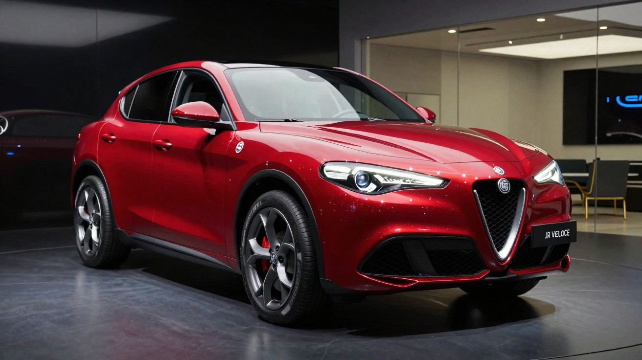 Carro Alfa Romeo Stelvio vermelho exposto em espaço interior com iluminação artificial.