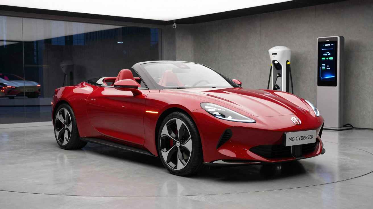 Carro desportivo conversível vermelho MG Cyberster estacionado numa garagem moderna junto a um carregador elétrico.