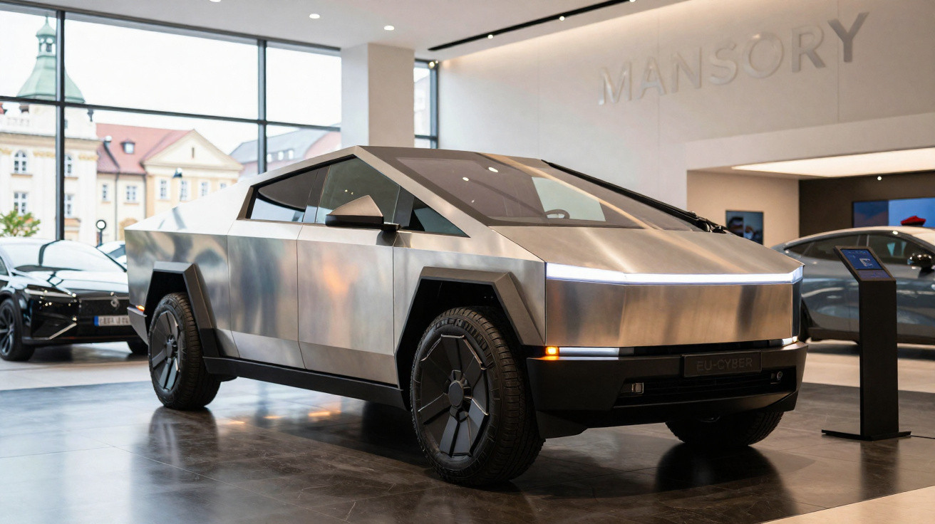 Picape elétrica Tesla Cybertruck prateada exibida numa sala de exposição moderna com grandes janelas.