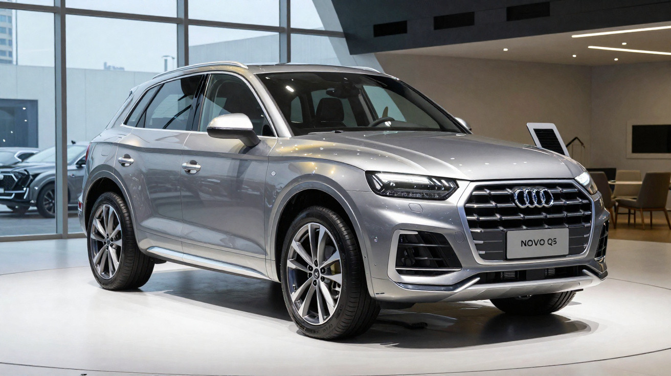 Audi Q5 cinzento prata estacionado numa exposição de automóveis moderna com grandes janelas.