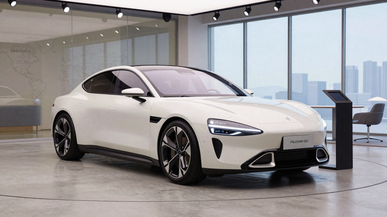 Automóvel desportivo elétrico branco Polestar 6 exposto numa sala moderna com grandes janelas.