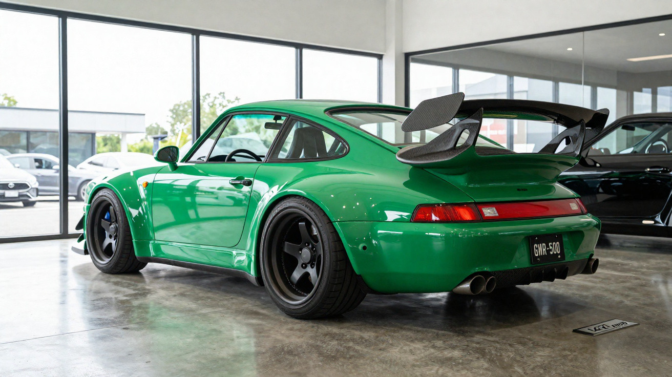 Carro desportivo verde estacionado num showroom moderno com jantes pretas e grande spoiler traseiro.