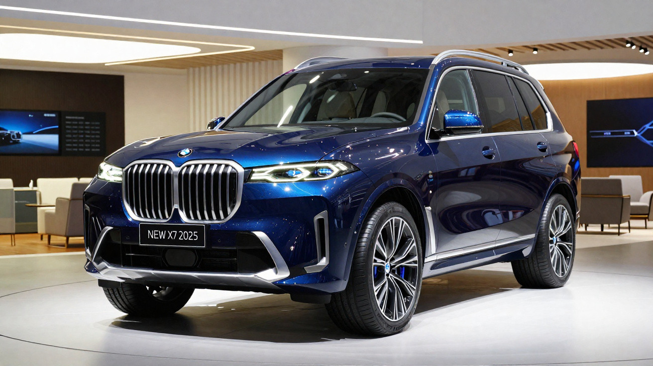 BMW X7 2025 azul exposto em ambiente interior moderno, com design robusto e elegante.