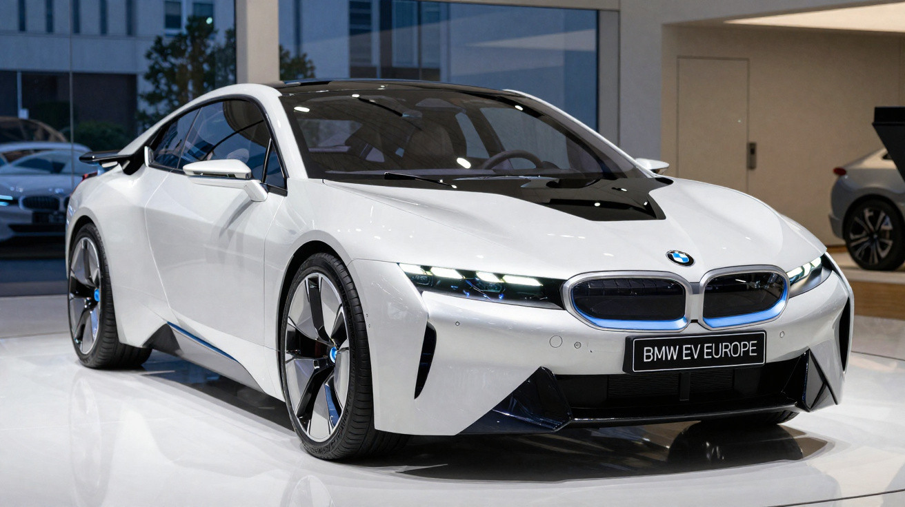 Carro elétrico BMW branco em exposição, com design futurista e linhas aerodinâmicas.