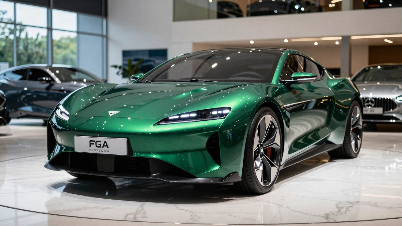 Carro desportivo elétrico verde reluzente estacionado em showroom moderno com piso de mármore branco.