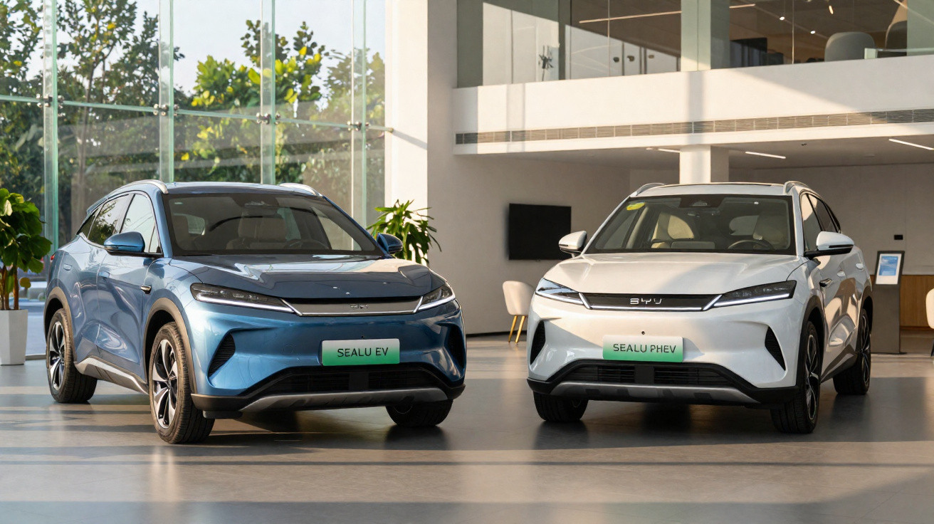 Dois carros elétricos modernos, um azul e um branco, estacionados num showroom espaçoso e luminoso.