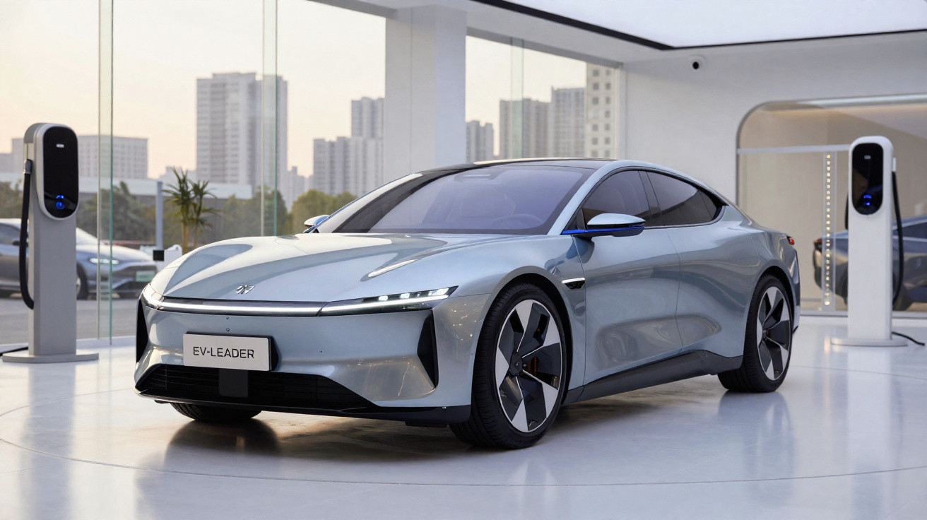 Carro elétrico prata moderno EV-Leader em exposição interior com estações de carregamento ao fundo.