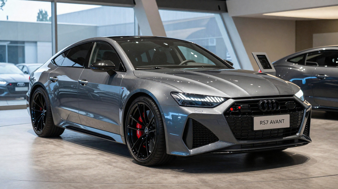 Automóvel Audi RS7 Avant cinzento metalizado em exposição numa sala iluminada.