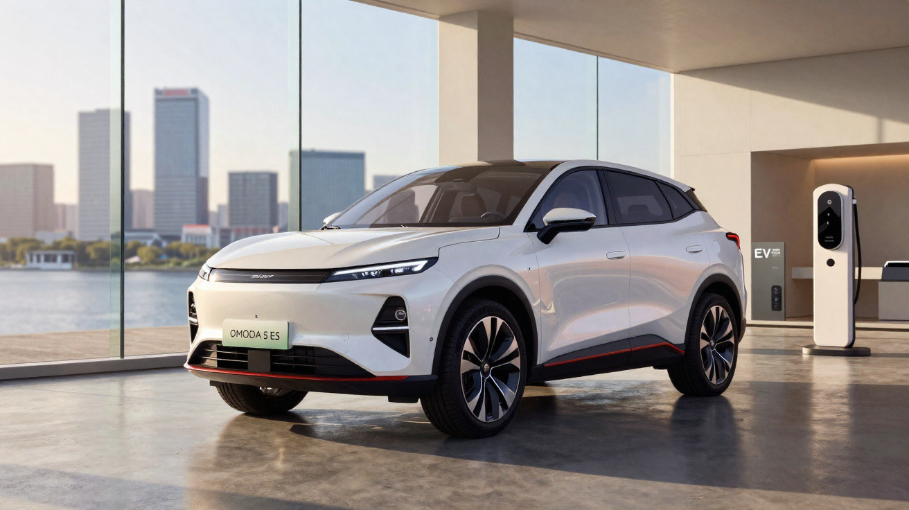 Carro elétrico branco OMODA 5 ES estacionado junto a um posto de carregamento num espaço interior com vista para a cidade.