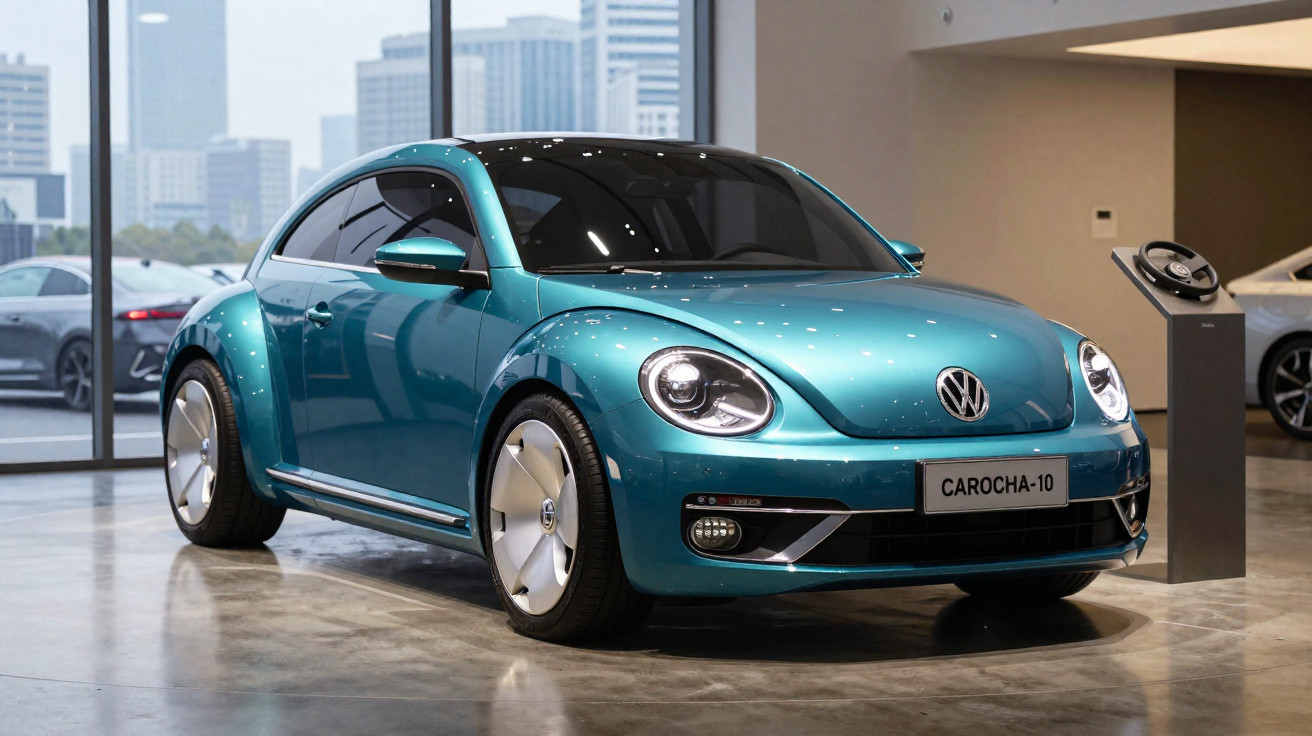 Carro Volkswagen Carocha-10 azul em exposição numa sala moderna com grandes janelas e edifícios ao fundo.