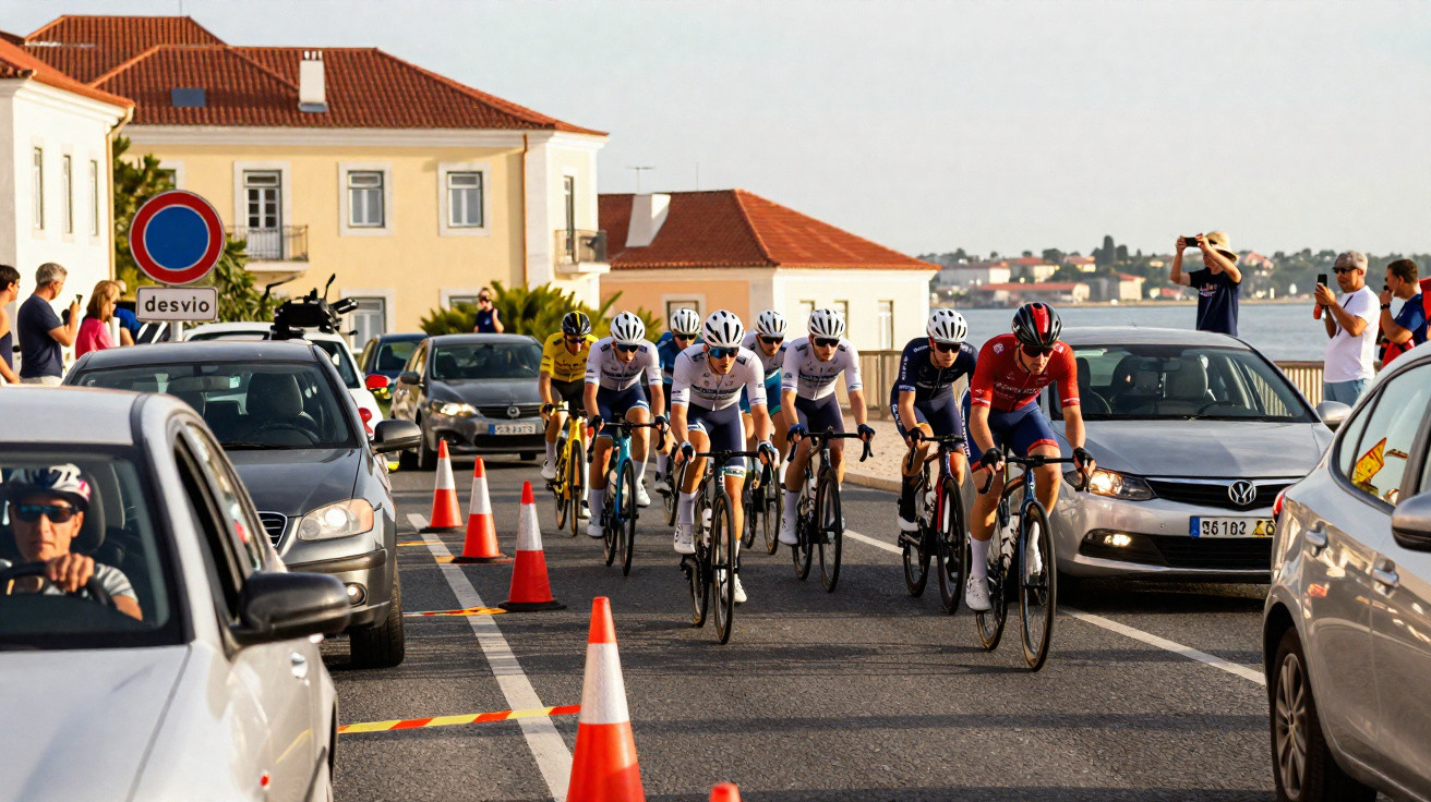 Ciclistas de competição passam entre carros e cones numa rua à beira-mar com vários espectadores.