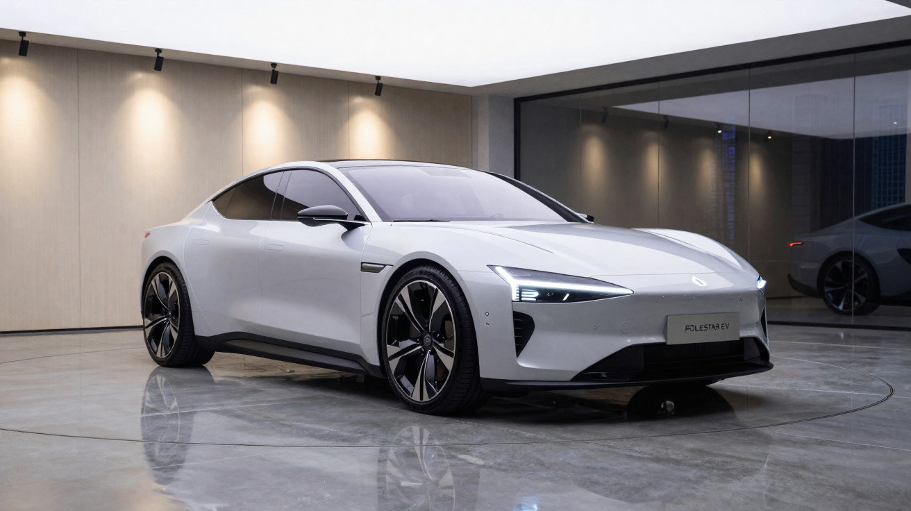 Carro elétrico desportivo branco, design moderno e luzes LED, em sala minimalista com chão refletor.