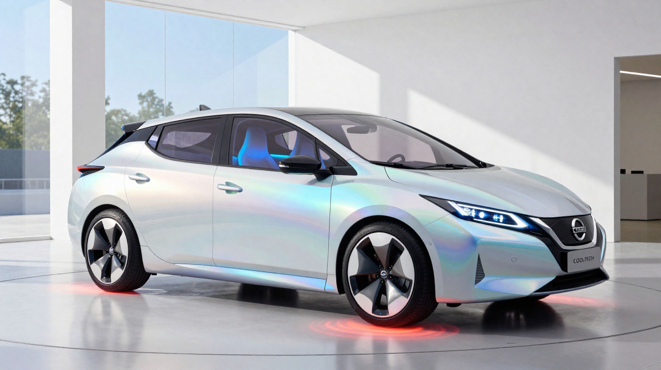 Carro hatchback moderno Nissan branco perolado com luzes LED e detalhes em azul, estacionado numa garagem minimalista.
