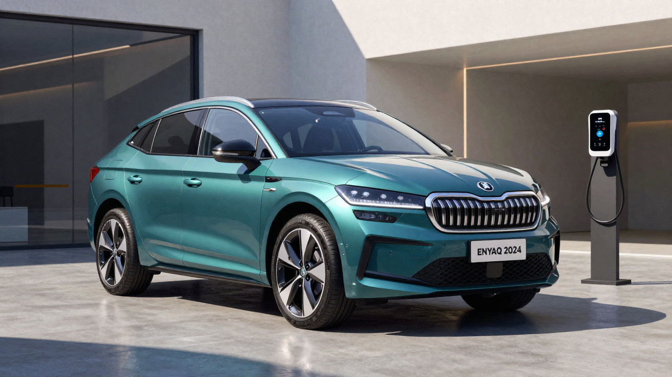 Automóvel elétrico verde Škoda ENYAQ 2024 estacionado junto a posto de carregamento, em ambiente moderno.